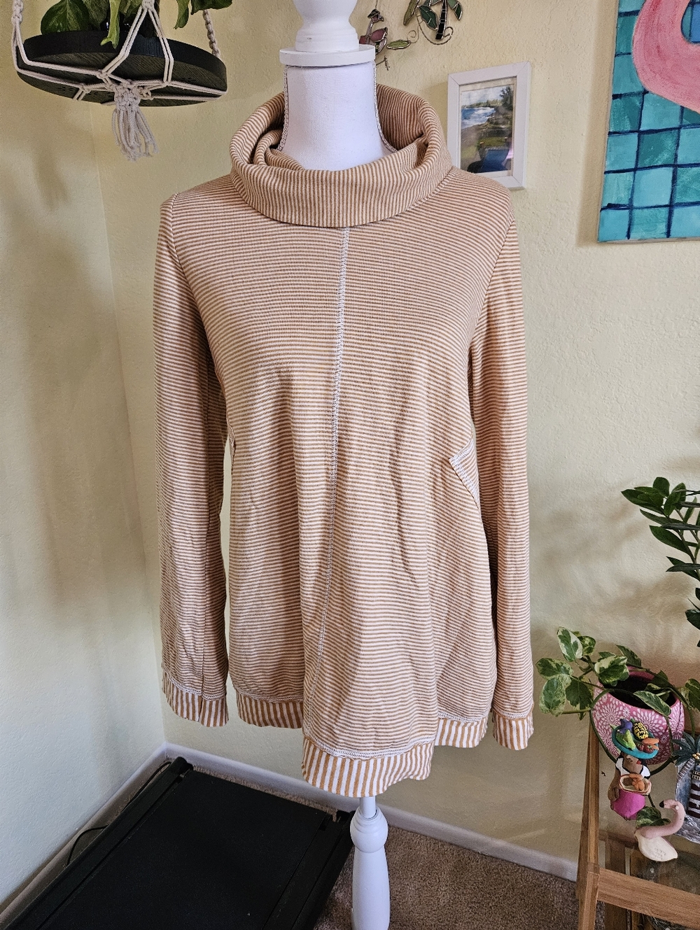 Maeve Cozy Funnel Neck Striped Sweater - Cream/Tan Sz M